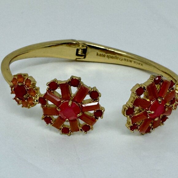 Kate Spade Red coral Sunburst Cluster Hinged Cuff Bracelet | Gold Tone - Picture 3 of 7